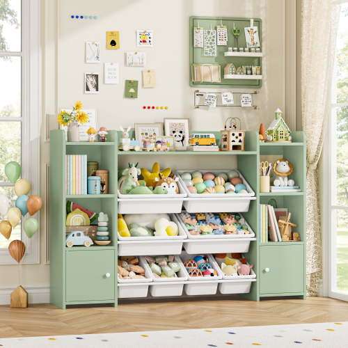 Homfa Kids Toy Organization Cube Bookcase with 8 Bin, 2 Door Toy Storage Organizer Bookshelf for Children Room Playroom, Green