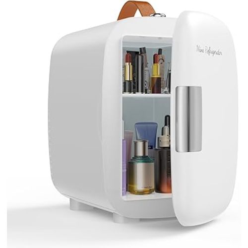 NEWBULIG Mini Fridge for Bedroom, Office & Car, Portable 4L/4.23QT Mini Refrigerator for Skincare with Handle, Ultra-Quiet Energy-Saving Compact Cooler for Drinks, Food, Skincare & Makeup, 12V AC/DC