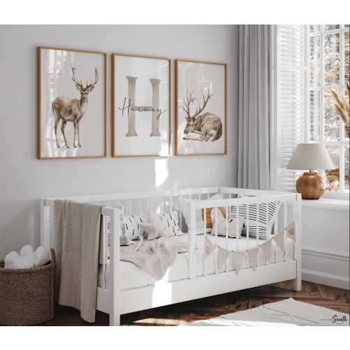 Watercolor Deer Nursery Prints: Personalized Name Initial, Earthy Forest Decor