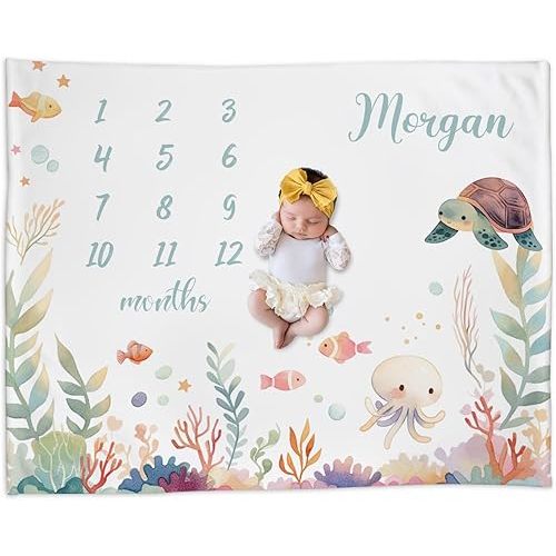 Monthly Milestone Blanket for Baby Girls – Personalized Sea Animals Newborn Blanket, Soft Keepsake for Growth Record