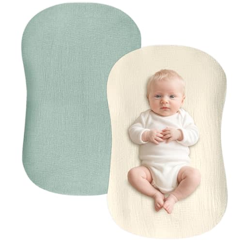 Hooyax Baby Lounger Cover 2 Pack - 100% Muslin Cotton Newborn Lounger Pillow Covers Only, Soft Breathable Infant Lounger Cover with Reinforced Stitching, Fits Most Standard Baby Loungers (Green Wheat)
