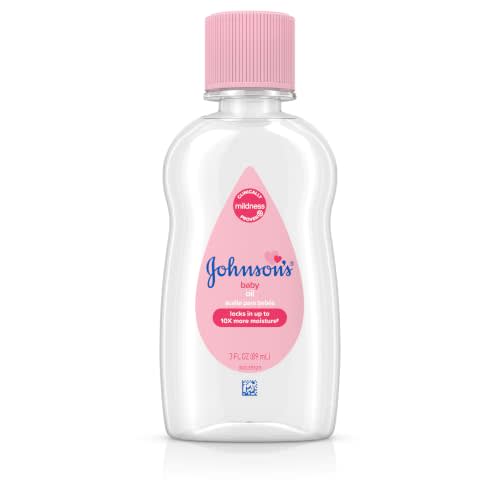 Johnson's Baby Oil, Hypoallergenic, 3 fl oz | Pure Mineral Oil to Prevent Moisture Loss for Newborn, Kids, and Adults, Gentle and Soothing Baby Massage Oil