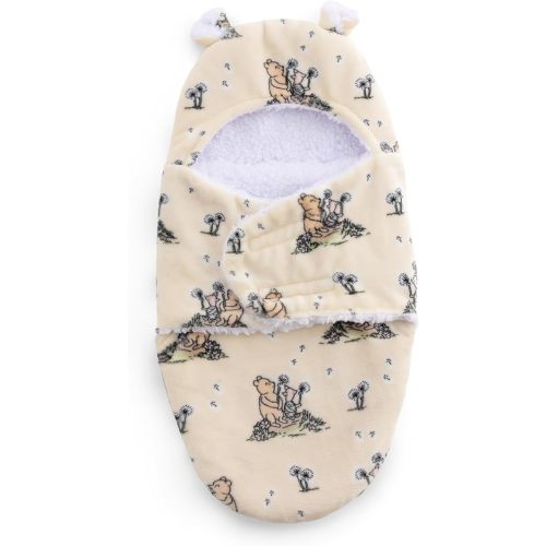 Berkshire Sherpa & Loftmink Baby Swaddle - Hooded Pooh Sleep Sack with Fuzzy Bear Ear Details - Classic Pooh Prints for Newborns Infants 0-3 Months(Pooh, Piglet and Dandelions Yellow, 13’’×23.5’’)