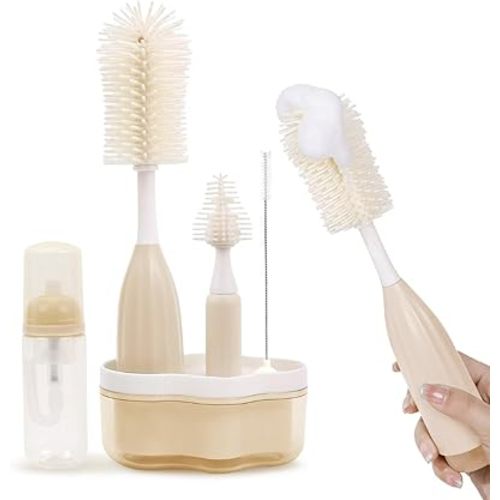 Bottle Brush Kit, Press to Foam Baby Bottle Brush- Baby Bottle Cleaner Brush for Baby Bottle with 3 Different Brush Heads- Beige