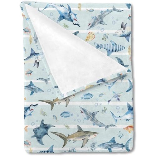 Blue Sharks Baby Blanket for Boy Girl Sea Animals Sharks Stripes Flannel Swaddle Blanket Ocean Fishes Corals Nautical Life Soft Receiving Blankets for Crib Newborn Toddler Nursery Bed Blanket 40x50