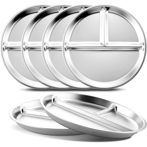 Bakpoco Stainless Steel Kids Plates Set of 6, 9" Portion Control Plates Divided Plate for Adults Toddlers Balance Lunch, Bariatric & Diabetic Diet, Non Toxic Camping Metal Snack Plate for Eating
