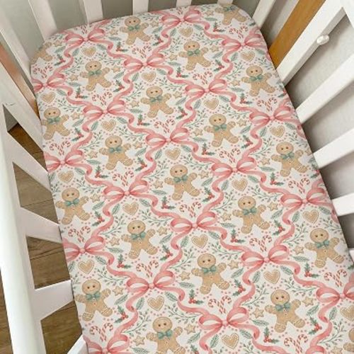 Cute Christmas Cookie Bows Baby Crib Sheets for Boy Girl Preppy Sweets Heart Ribbon Soft Snug Fitted Crib Mattress Covers for 52''x28'' Standard Crib & Toddler Mattress Festive Holiday Bed Sheets