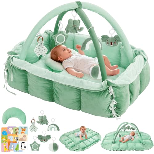 5-in-1 Baby Play Gym and Tummy Time Mat, Tummy Time Pillow & 12 Learning Cards, Plush Activity Mat with 6 Toys, Baby Gym, Convertible to Ball Pit, Baby Gift, Sage Green