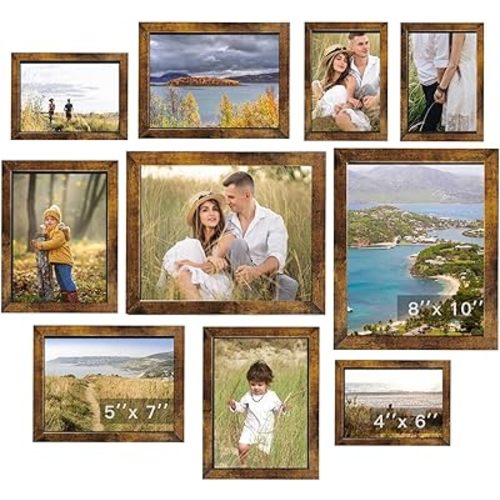 Gallery Wall Frame Set, Picture Frames Collage Wall Decor 10 Pcs, Picture Frame Set for Wall Mounting or Tabletop Display, Multi Sizes Including 8x10, 5x7, 4x6 Family Photo Frames,Rustic Brown