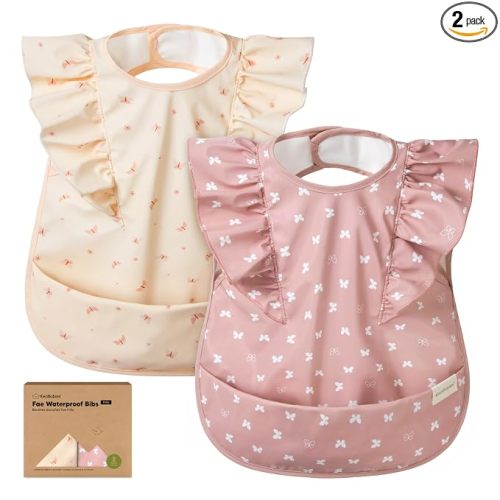 KeaBabies Waterproof Bibs for Baby Girl,Boy, 2-pk Lightweight (Butterflies) | Large Baby Bibs for Eating, Wearable Food Catcher, 6-12 Months Baby Feeding Essentials, Smock Bib for Toddlers 1-3, Kids