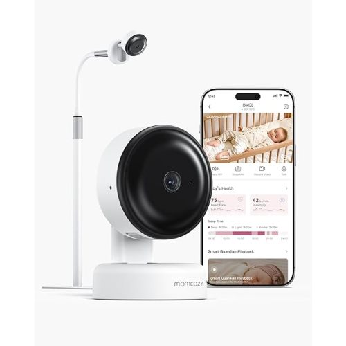 Momcozy BM08 Baby Monitor, Contact-Free Vitals Monitoring, 2K HD Night Vision, Smart AI-Powered Safety Detection, Cry/Sound/Motion Notifications, Sleep Report, 2.4/5GHz Wi-Fi Connection, 2-Way Audio