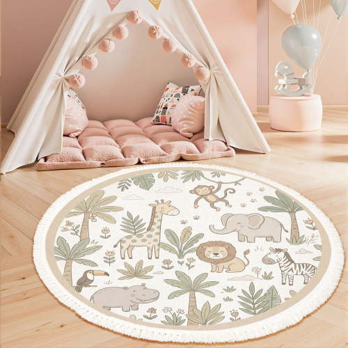 Washable Non Slip 3ft Round Rug, Cute Safari Animal Jungle Plants Pastel Colors Circle Area Rugs with Tassels Carpet for Nursery Bedroom Playroom Tent rug Tent Castle