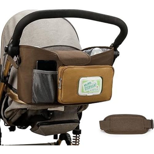 Lmbabter Baby Small Diaper Bag Stroller Organizer with Insulated Cup Holder& Shoulder Strap Stroller Storage Pouch Stroller Diaper Caddy for Outdoor (Brown)