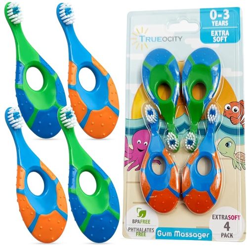 Baby Toothbrush 12 months and up - Toddler Toothbrush - Soft Bristles - Child Sized Brush Heads - infant toothbrush - Kids Tooth Brush - Easy Storage - BPA Free - Boy Set (4-Pack, Green, Orange, Blue)