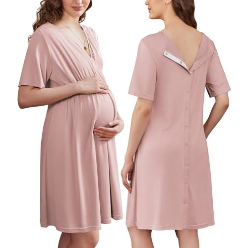 Ekouaer Labor and Delivery Gown for Hospital V Neck Maternity Nursing Dress | Birthing Gown, Open Back Button closure, Skin-friendly, Short Sleeve, Split Front Flap, Stretchy, Breastfeeding, C-section