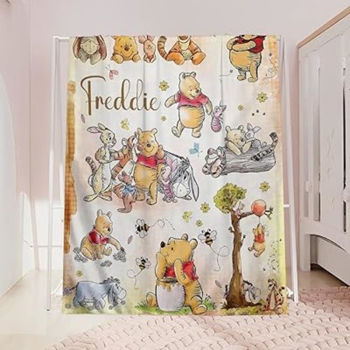 Personalized Pooh Bear Blanket, Custom Baby Throw with Name, Pooh Bear and Friends, Soft and Warm Throw Birthday Gift for Kids, Baby Shower Crib Blanket Nursery Theme Gift Boys and Girls 8