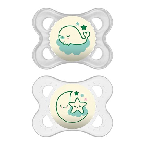 MAM Night Pacifiers (2 Pack, 1 Sterilizing Pacifier Case), MAM Pacifiers 0-6 Months Best Pacifier for Breastfed Babies, Glow in the Dark Pacifier, Unisex Baby Pacifiers