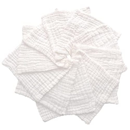 Baby Muslin Washcloths – Soft Baby Face Towels, Bibs for Newborn with Sensitive Skin. 10 Pack Absorbent Baby Wipes, Burp Cloths or Bath Towels for Boys Girls. Baby Registry as Shower. (White)