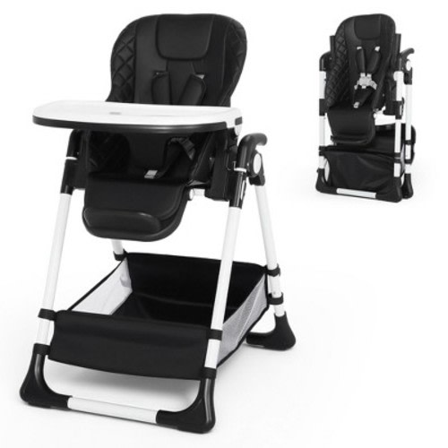 TODECARE Foldable Baby High Chair for Toddlers, Adjustable Height, Recline, Storage Basket, Double Trays, Black
