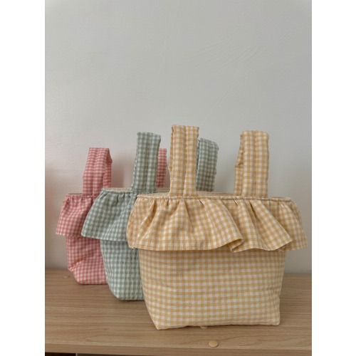 Light Butter Yellow Gingham Ruffle Stroller Bag, Handmade Cotton Diaper Stroller Basket