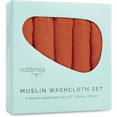 Natemia Muslin Baby Washcloths for Newborn - Premium Wash Cloths for Babies, Super Absorbent and Ultra Soft Rayon Made from Bamboo, 6 Layer Baby Girl and Baby Boy Washcloths, 5 Piece Set