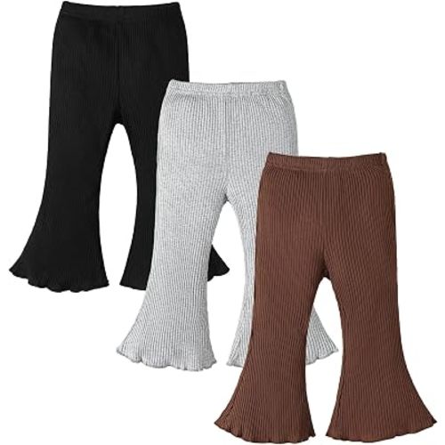 3 Pack Baby Girl Pants: Infant Solid Ribbed Flare Pants Cotton Pull On Bottoms Leggings for Toddler 0-24 Months