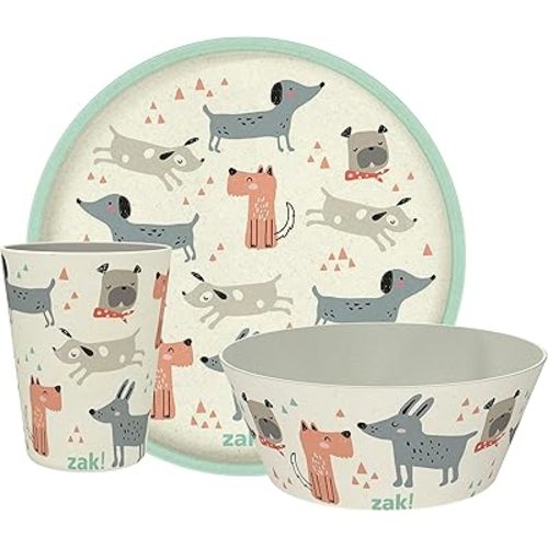 Zak Designs Kids Dinnerware Set 3 Pieces, Durable and Sustainable Melamine Bamboo Plate, Bowl, and Tumbler are Perfect For Dinner Time With Family (Dog)
