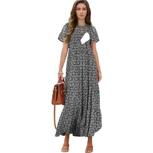 CzzzyL Womens Nursing Dress Summer Floral Print Short Flutter Sleeve Crew Neck Smocked High Waist Flowy Maxi with Pockets