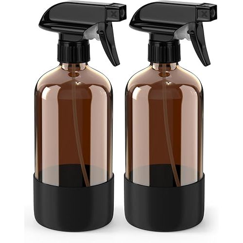 Glass Spray Bottle with Silicone Sleeve Protection, Amber Glass Spray Bottle Set for Window Cleaner Aromatherapy Facial Hydration Watering Flowers Hair Care 2 Pack/16 oz (Black)