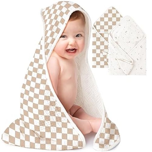 Konssy 2-Pack Muslin Hooded Baby Towels, 100% Cotton, Ultra-Soft & Absorbent Baby Bath Towels with Hood for Newborn & Infant (Coffee Check,Moon,32" x 32")