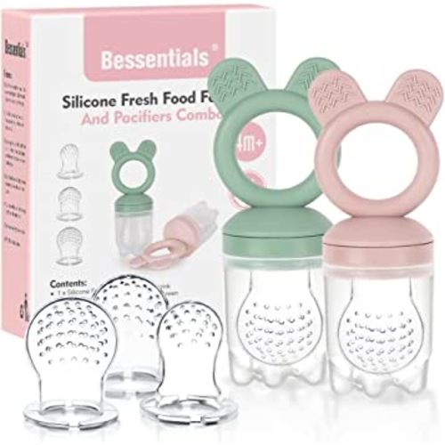 Baby Fresh Fruit Food Feeder Pacifier - 2 Packs BPA Free [3 Sizes Silicone Food Pouches Included] (Light Pink & Grass Green)