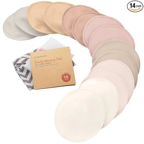 Organic Nursing Pads - 14 Washable Breast Pads for Breastfeeding, Wash Bag, Viscose Derived from Bamboo Reusable Nipple Covers for Breastfeeding Essentials, Soft & Absorbent (Neutrals, M 4.6")