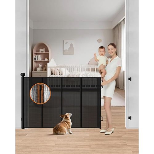 BBsecure Retractable Baby Gate, 55" Wide Reinforced Mesh Baby Gate with 4 Fiberglass Support Rods for a Tighter Fit, 34" Tall Retractable Dog Gate for Stairways, Hallways and Doorways, Black