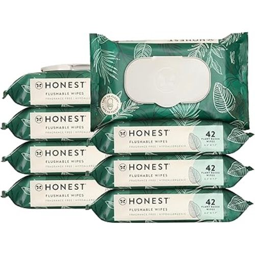 The Honest Company Flushable Wipes for Sensitive Skin | Fragrance Free, Hypoallergenic, 99% Water, Safe to Flush | pH Balanced Feminine Wipes | Tropical Leaves, 336 Count