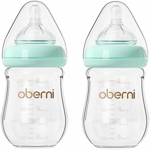 Glass Baby Bottles, Anti Colic Breastfeeding Bottle with Natural Response Nipple for Newborn Preemie 0+ Month, BPA Free, Wide Neck, Blue/2Pack/5oz