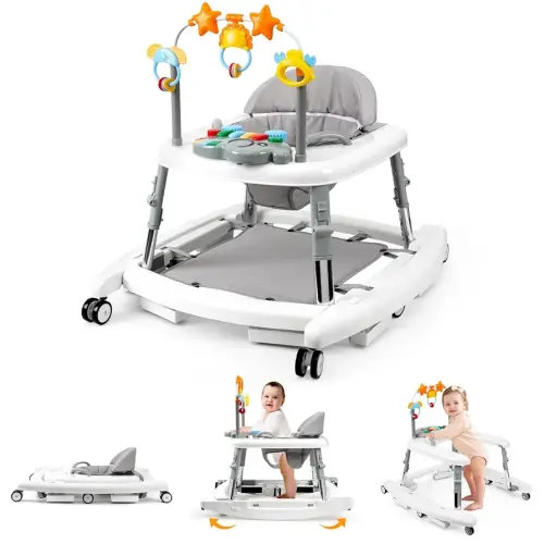 5-in-1 Music and Lights Baby Walker Foldable with 5 Adjustable Heights, Baby Walker with Wheels and Bouncer Combo Portable, Infant Toddler Walker for Baby Boy Girls 6-18 Months