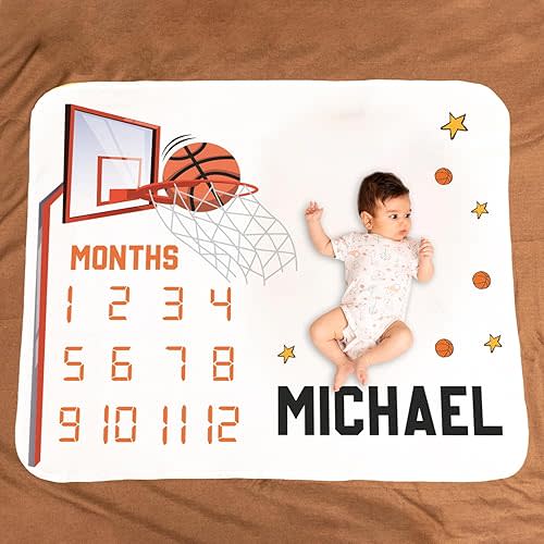 udelf Personalized Baby Monthly Milestone Blanket Customized to Your Baby's Name,Premium Newborn Photo Props, Photography Background for Baby Girls and Boys with Basketball Design