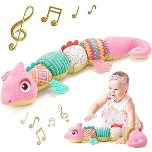Sumobaby Infant Baby Musical Stuffed Animal Toys for 0-3-6-12 Months,Multi Sensory Toys with Crinkle and Rattles, Tummy Time Toys for Newborn Boys Girls, Dinosaur, Pink