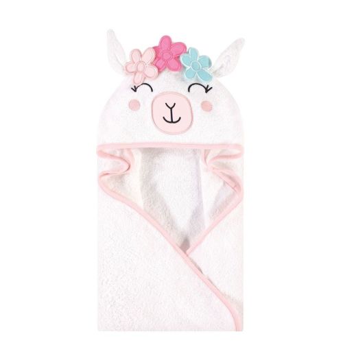 Hudson Baby Infant Girl Cotton Polyester Animal Face Hooded Towel, Flower Llama, One Size