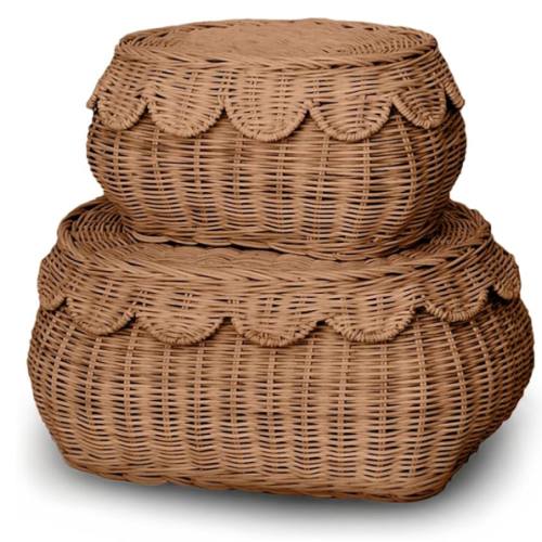BEBE BASK The Original Scalloped Basket Set Of 2 - Small Scallop Basket - 15 x 10 x 6 In - Hand-Woven & Award-Winning - Elegant Wicker With Scalloped Edge Lid - Nursery Storage - (Mocca)