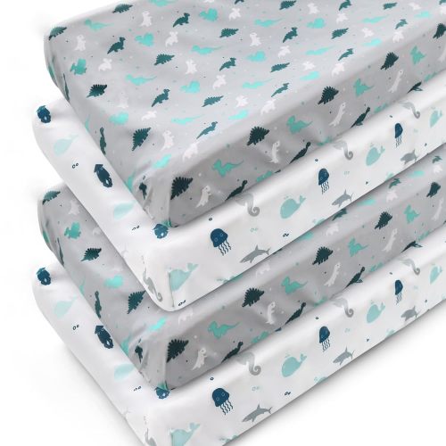 Changing Pad Cover - 4 Pack, Ultra-Soft Microfiber, Comfy & Breathable, Grey Dinosaur & White Ocean