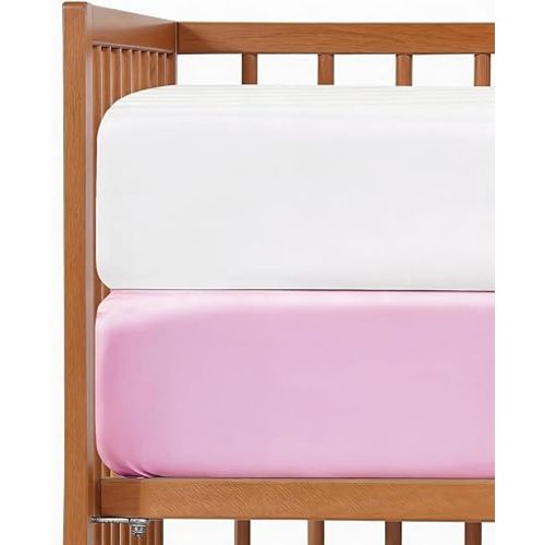 Baby Crib Sheets for Boys & Girls - Pack of 2 Fitted Microfiber Crib Sheets for Standard Crib & Toddler Mattress - Soft, Breathable & Wrinkle Free - Machine Washable, Oeko Tex, 52x28x8in - White/Pink