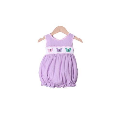 Smocked Lavender/Pink Swiss Dot Butterfly Bubble