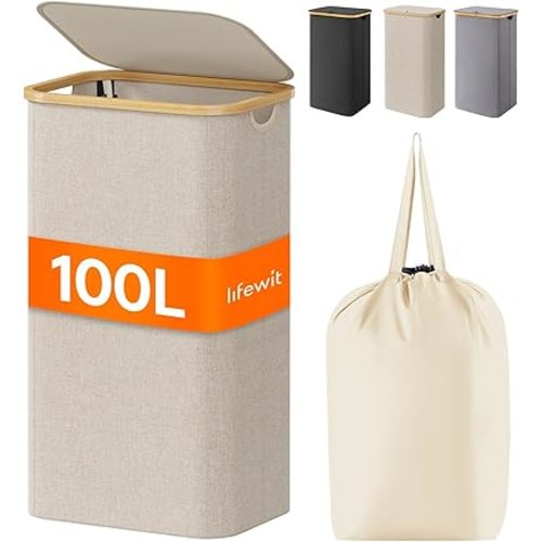 Lifewit 100L Laundry Basket with Lid, Clothes Hampers for Laundry with Bamboo Handles and 1 Removable Bag, Large Foldable Laundry Hamper for Bedroom, Bathroom, Dorm, Laundry Room, Beige