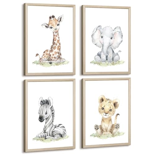 Safari Nursery Wall Art Decor Baby Animal Canvas Wall Art Woodland Nursery Wall Decor Kids Jungle Animal Pictures Safari Giraffe Elephant Tiger Prints for Room Bedroom Set of 4 8x10 Inch Wood Framed