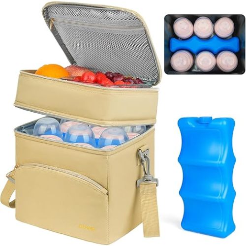 Breastmilk Cooler Bag with Ice Pack, Insulated Baby Bottle Tote Bags Fits 6 Baby Bottles Up to 9 Ounce, Double Layer Breastmilk Case