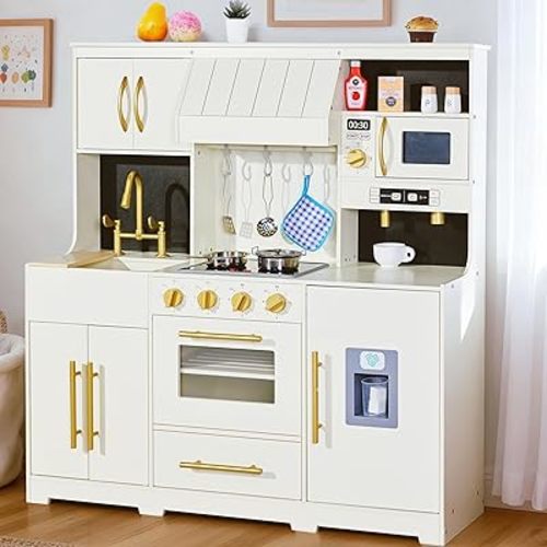 inFUNSAME Wooden Play Kitchen for Kids with Lights and Sounds,19 Accessories,Modern Design Upgraded Interactive Pretend Toddler Toy Kitchen PlaySet, Gift for Boys & Girls Ages 3+ (White)