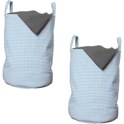 Ambesonne Checkered Laundry Bag Pack of 2, Little Squares and Stripes Pastel Color Gingham Repeating Rows Vintage Tile, Hamper Basket with Handles Drawstring Closure, 13" x 19", Light Blue