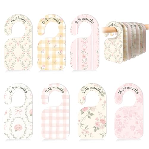 7 PCS Coquette Flower Closet Dividers, PVC Soft Pink Baby Girl Wardrobe Separators with Double-Sided Size Labels for Newborn to 24 Months, Watercolor Floral Nursery Room Decor