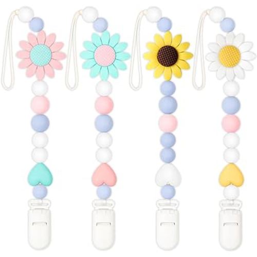 Silicone Pacifier Clip, 4 Pack Pacifier Holder for Boys and Girls, Adorable Sunflower Pacifier Clips Fits for Most Pacifier, Baby Teethers, Baby Shower and Baby Gift
